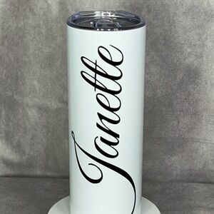 White Personalized Tumbler with name and image for small businesses.